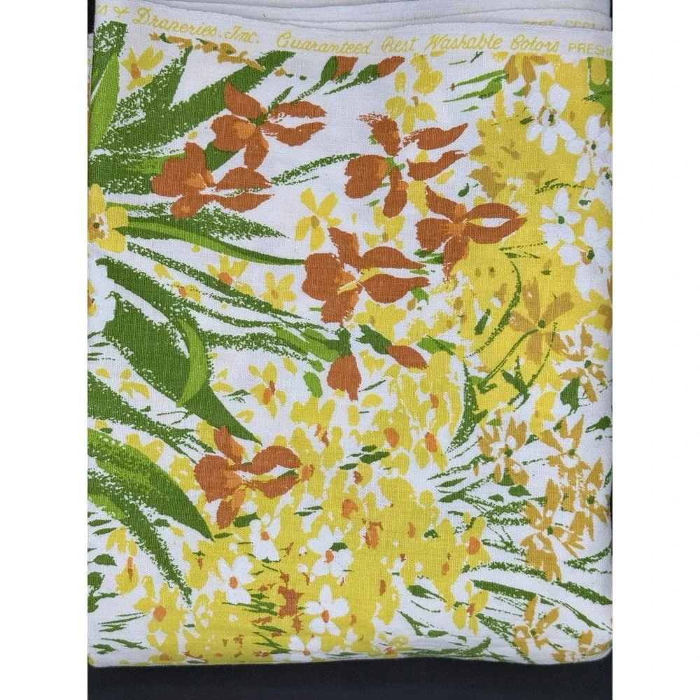 Vtg House N Home Fabric 45x67 Screen Print Floral Yellow Green MCM 70s Retro
